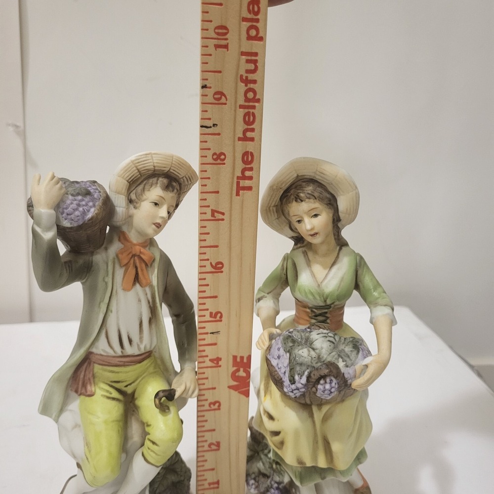 Vintage Porcelain Figurines Boy Girl Grape Harvest Pair 8" Hand Painted Ceramic